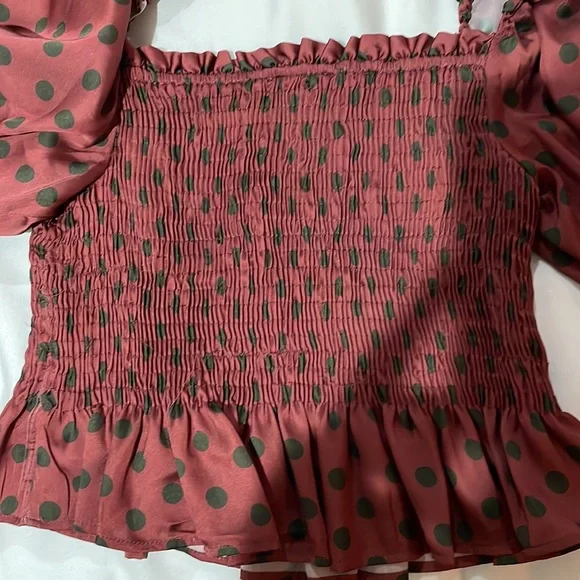 NWT Zara Satin Burgundy Red & Green Polka Dot Smocked Puff Sleeve Top in size M - Picture 9 of 10